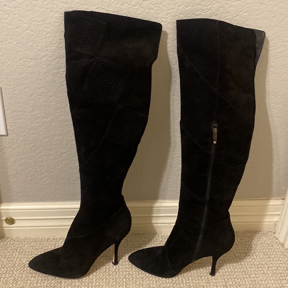 Via Spiga Shoes - Via Spiga Black Suede Geometric Pattern Over-the-Knee Boots Size 9